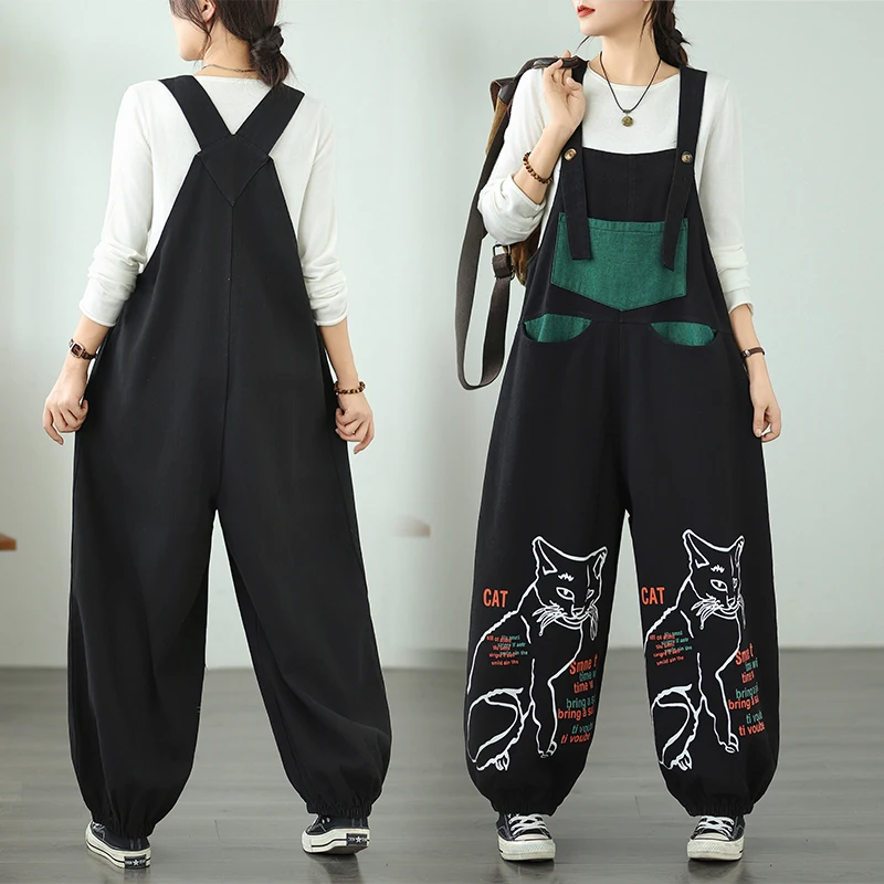 

Женский модный джинсовый комбинезон больших размеров с принтом кота, комбинезон с завязками-фонариками, женские свободные широкие бретели, мешковатые уличные брюки