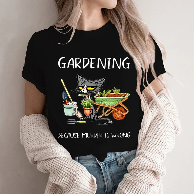 Women\'s T-shirts Gardening Because Murder Is Wrong Shirt Black Cat Tshirts Funny Cat Tees Gardening Lover Shirts Sarcastic Tees