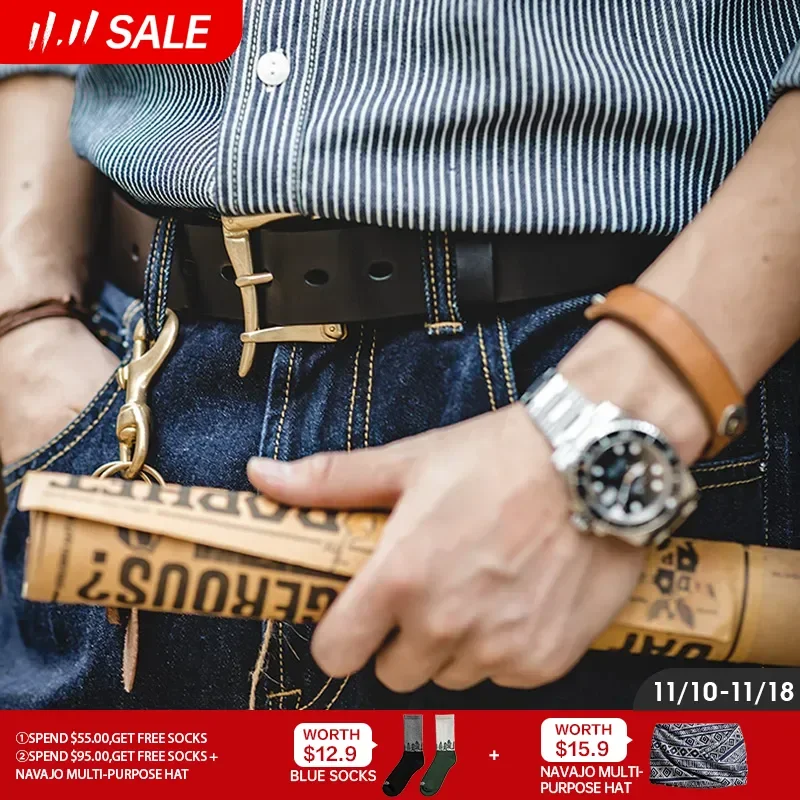 

Maden men's cow leather belt men's fashion new classic retro pin buckle belt high quality fireman quick release belt men