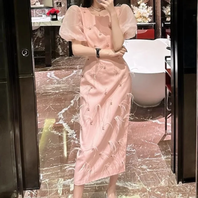 

Pink Feather Dress Women Elegant Puff Sleeve O-neck Chic Streetwear Clothing Lady Runway Design Vestidos Bodycon Party