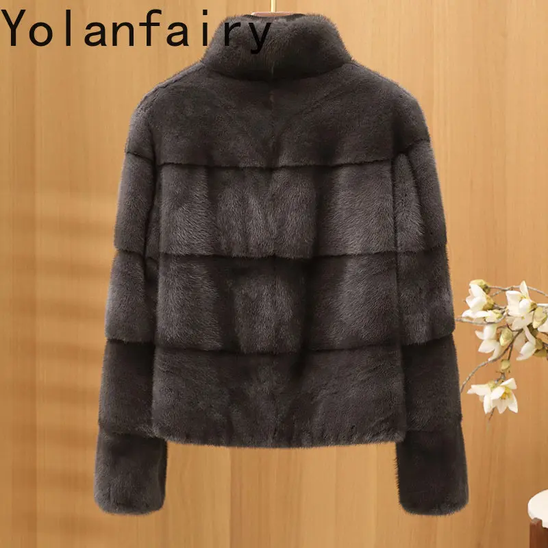 เสื้อโค้ทขนสัตว์แท้ YOLANFAIRY สำหรับผู้หญิง ฤดูหนาว ปกตั้ง ดีไซน์หรูหรา ทำจากขนมิงค์แท้ทั้งตัว เสื้อโค้ทขนสัตว์มิงค์แท้แบบสั้น แจ็คเก็ตขนสัตว์มิงค์ Casacos