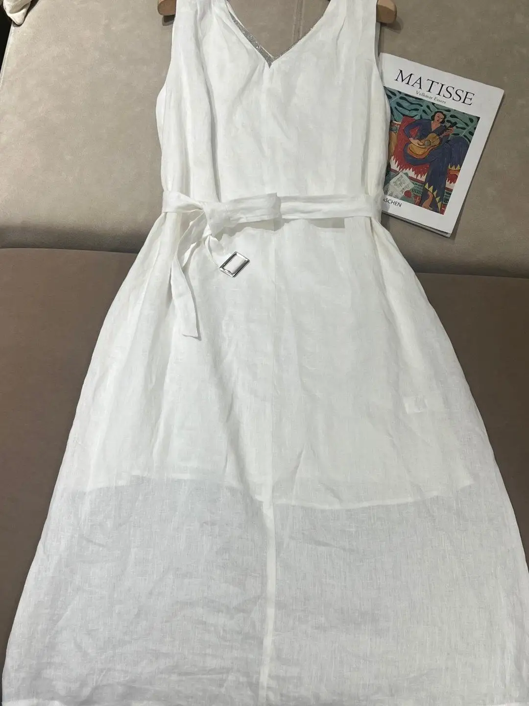 

Women's V-neck bead chain waistband long skirt versatile casual temperament linen sleeveless dress