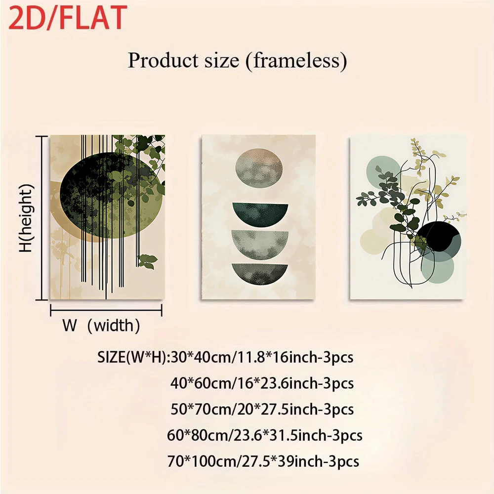 1 set of modern three-panel frameless decorative paintings, featuring geometric patterns of green plants, in 2D.