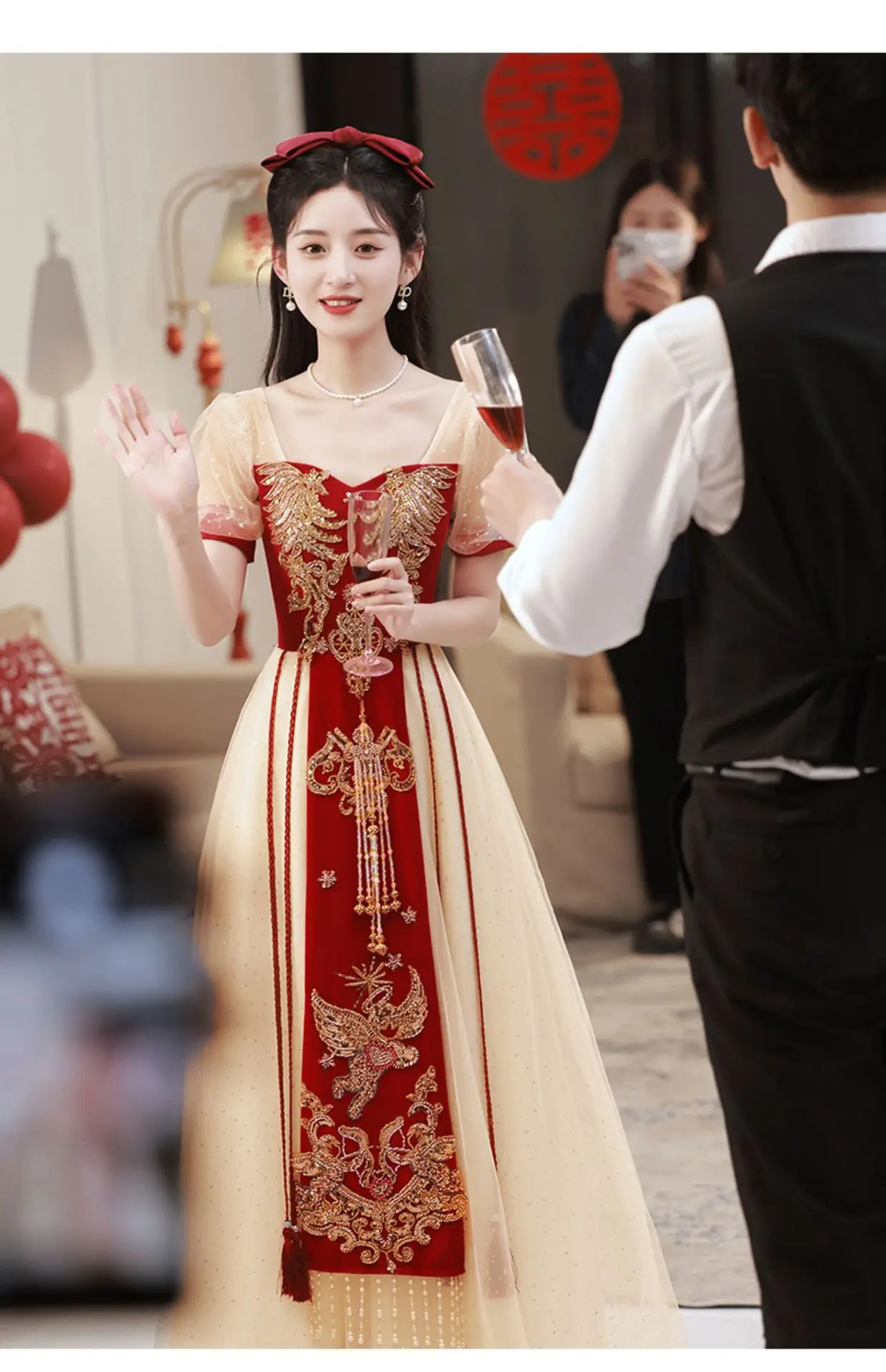 Robe de mariée chinoise en maille de luxe pour femme, robe de mariée, Cheongsams Qipao élégant, paillettes appliquées, pompon, robe éducative, F. C.