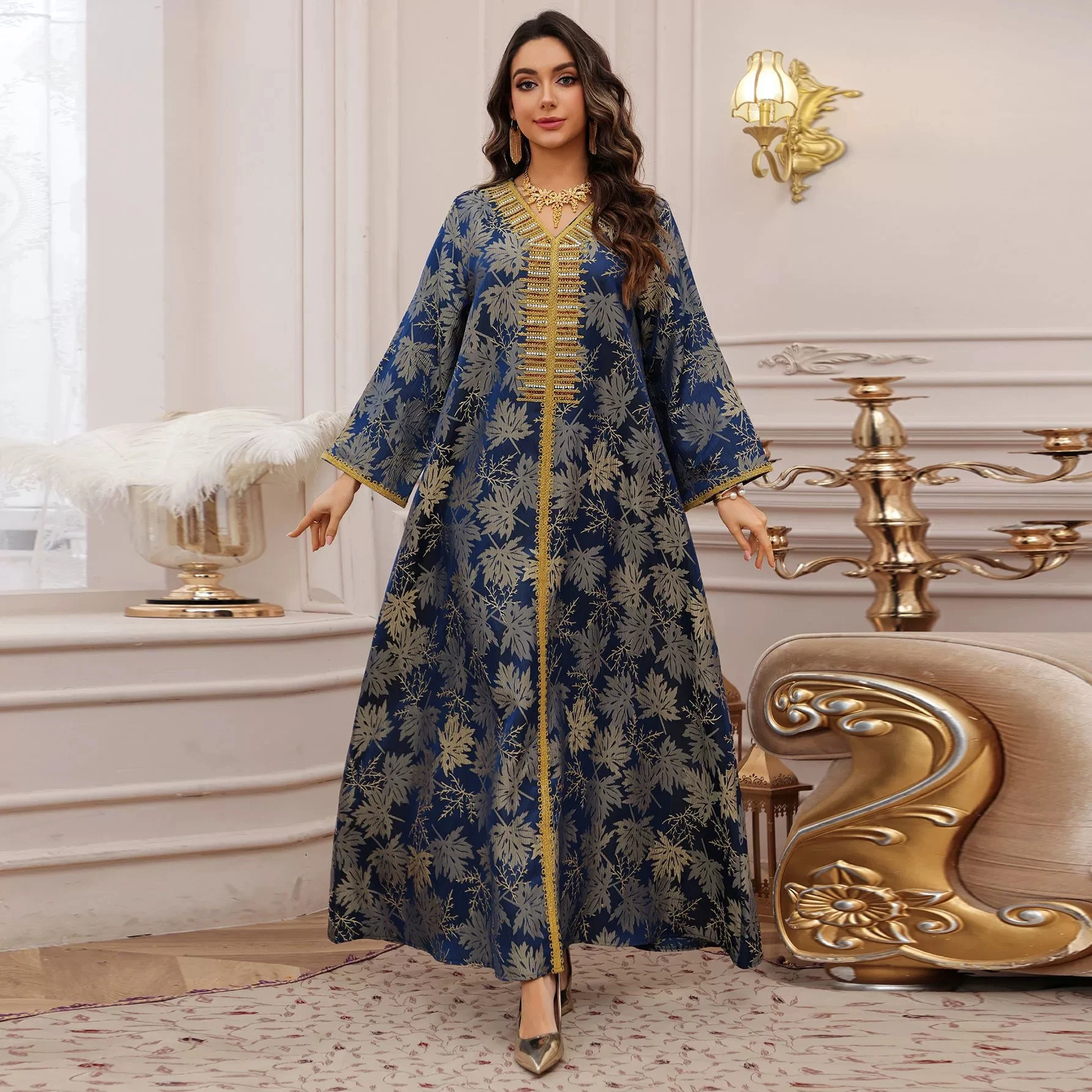 Satin Ramadan Party Dress for Women Mulsim Abaya V Neck Diamond Jalabiya Dress Maxi Robe Moroccan Caftan Party Vestidos
