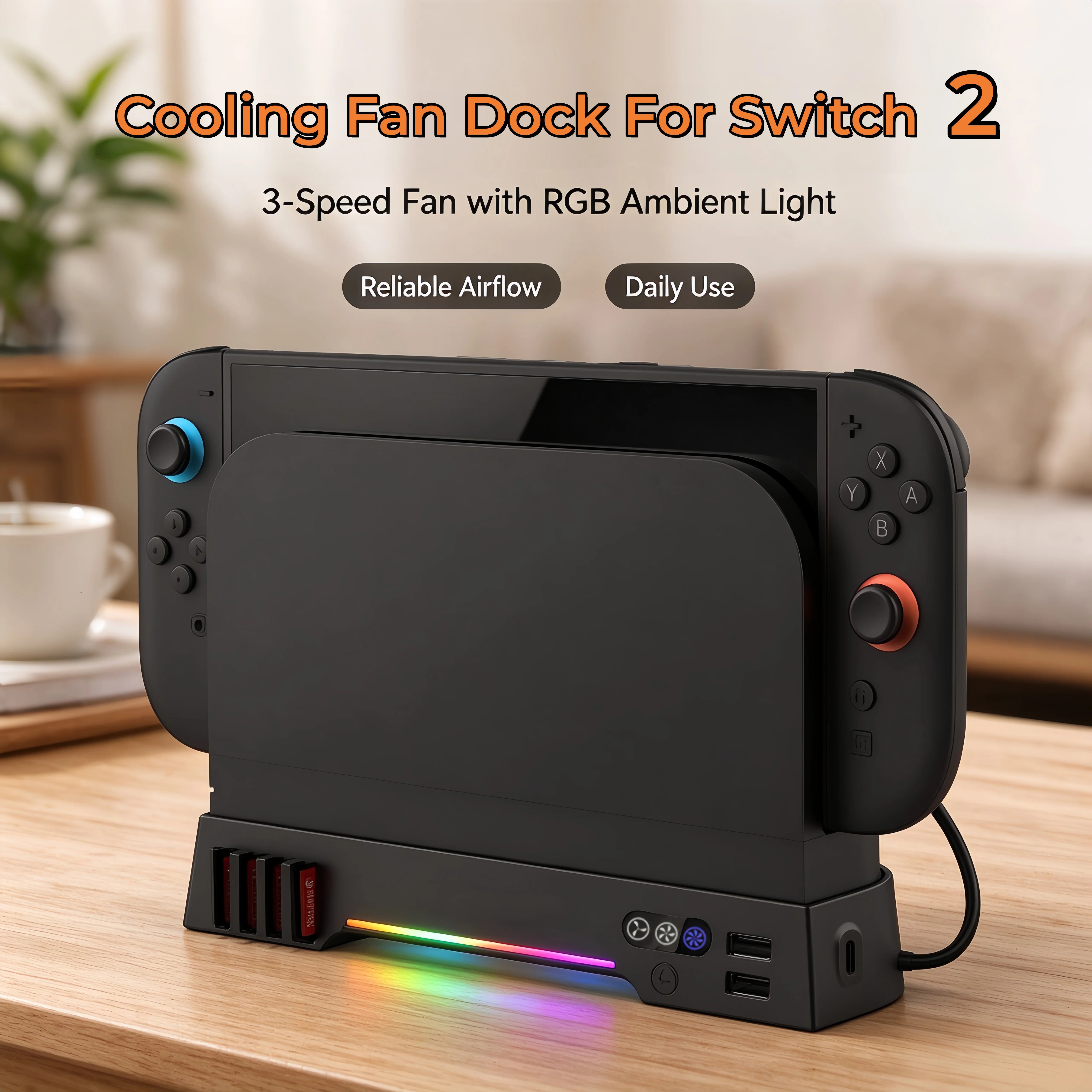 Console Cooler Stand for NS2 Switch with 2 Fan Heat Dissipation Base 3-Level Speed RGB Strip Card Holder USB Hub Accessory