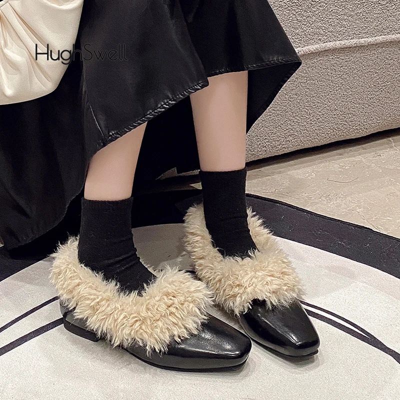 Luxury Fur Loafers Woman Elegant Square Toe Fluffy Slip-on Flat Zapatos Ladies Winter Warm Plush Leather Ballet Shoes