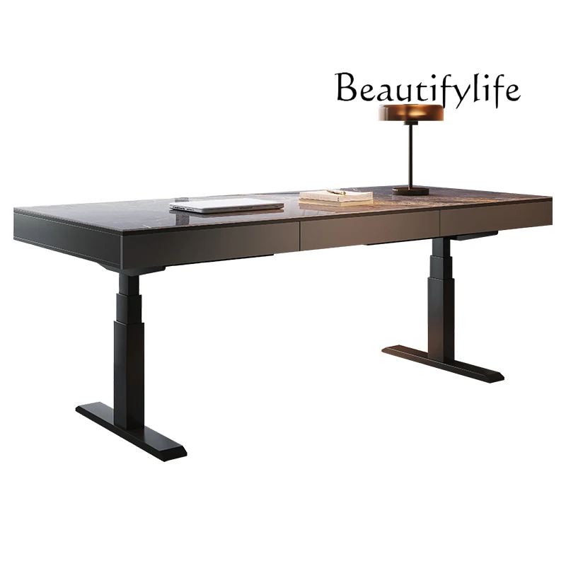 

Italian minimalist electric lifting rock slab desk living room solid wood computer desk study table designer