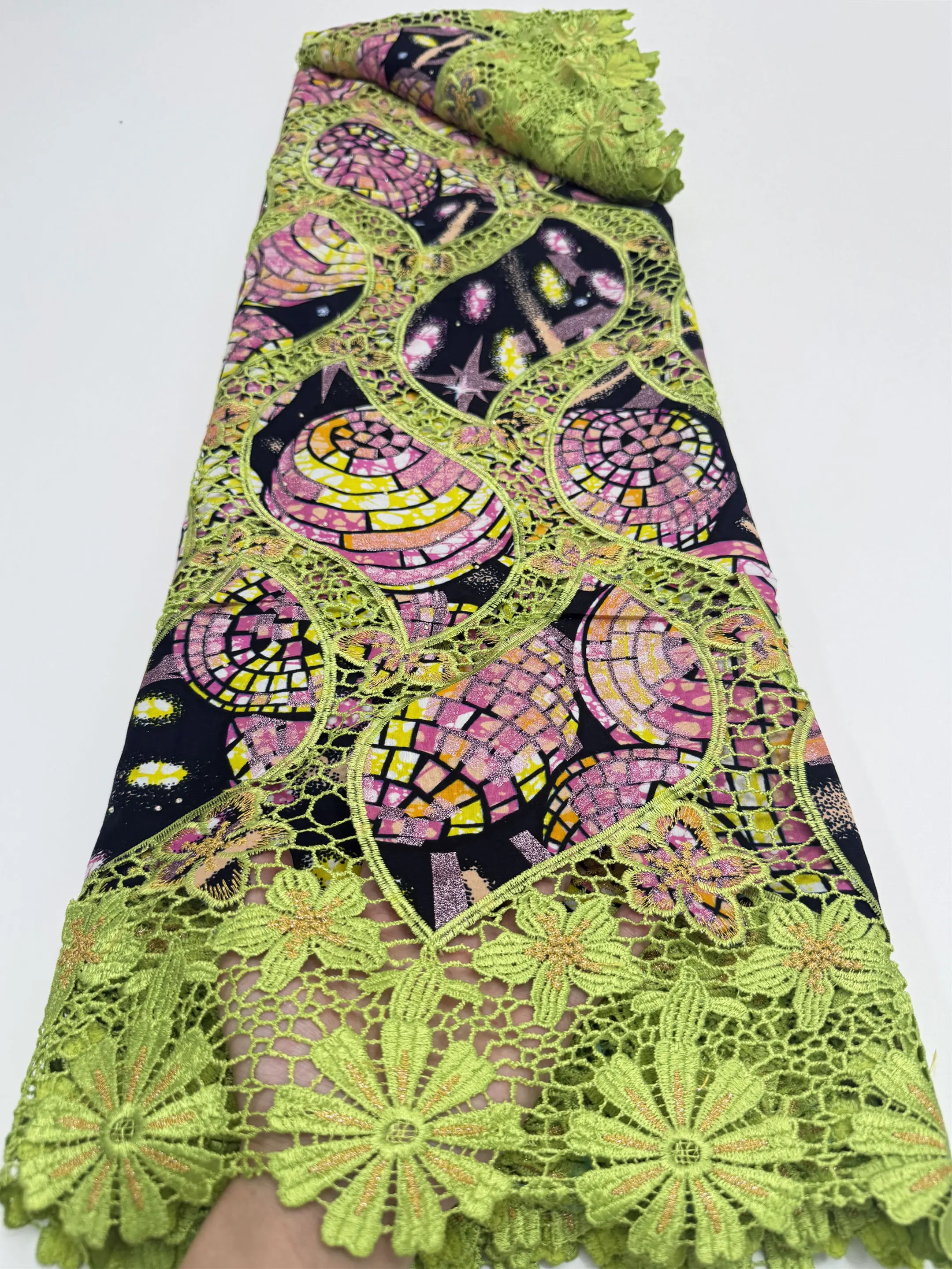 

100% Cotton african fabric for women Glitter Wax Fabric 5Yards Soft Fashion Cord Lace Women's Dresses Embroidery Sewing Craft