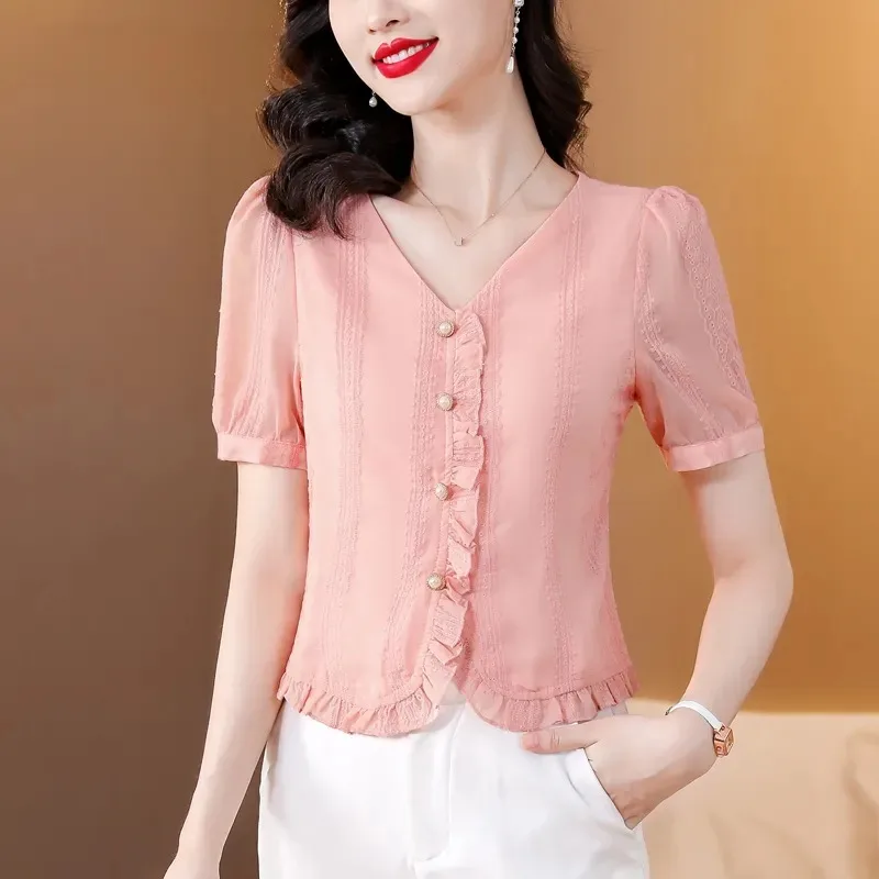 

Women V Neck Ruffle Trim Chiffon Short Sleeve Blouse Slim Cropped Elegant Summer Shirt