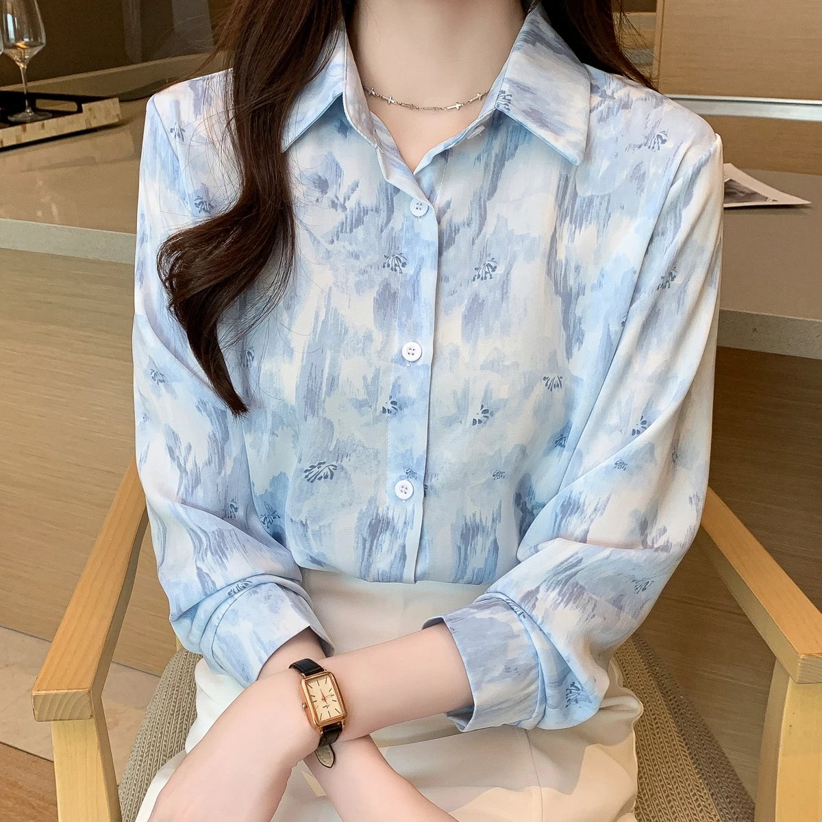 Women Spring Korean Fashion Temperament Loose Printing Polo-Neck Long Sleeve Shirts Women Clothes Casual All-match Sweet Tops