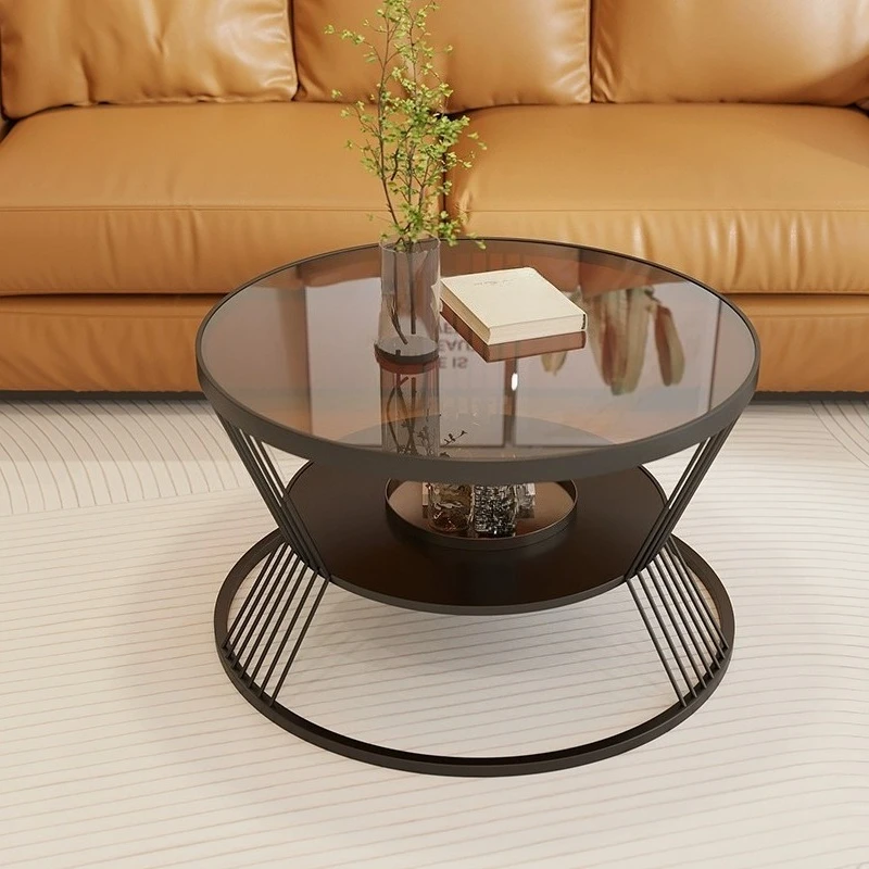 

Apartment living room small apartment round glass coffee table small tea table cream wind