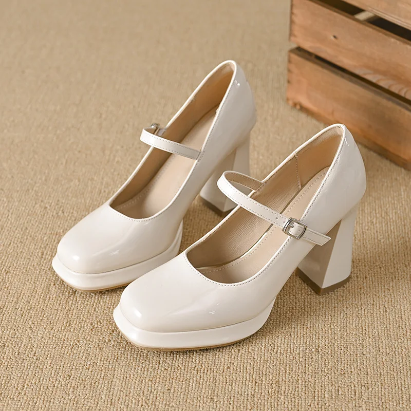 2025 Nuevo estilo Tacón de bloque de plataforma de inspiración francesa Tacones altos Mary Jane Zapatos de vestir de mujer con correa de hebilla versátiles y de moda