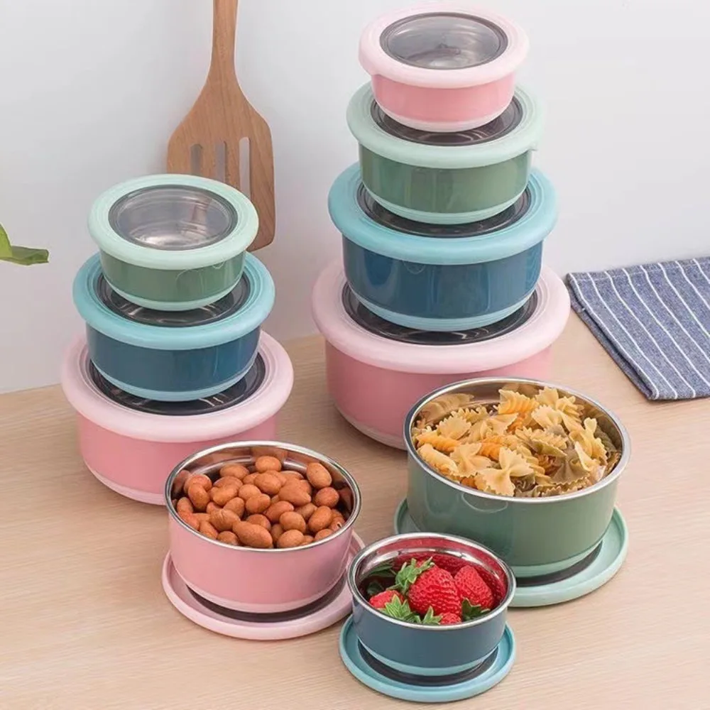 

Japanese-style Stainless Steel Fresh-keeping Box Round with Lid Food Sealing Bowl Anti-scalding Drop-proof Crisper Refrigerator