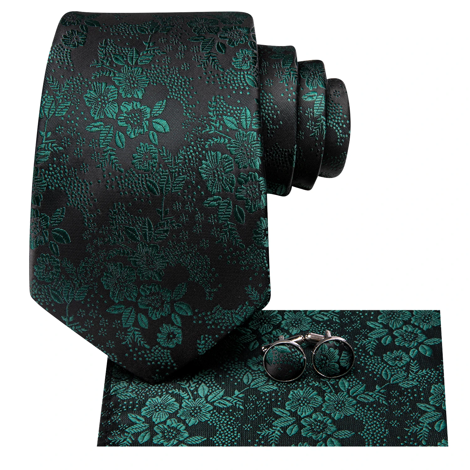 3-teiliges Herren-Krawatten-Set mit grünem Blumenmuster, Einstecktuch, Manschettenknöpfe, Hochzeit, formell, lässig, Büro, Party
