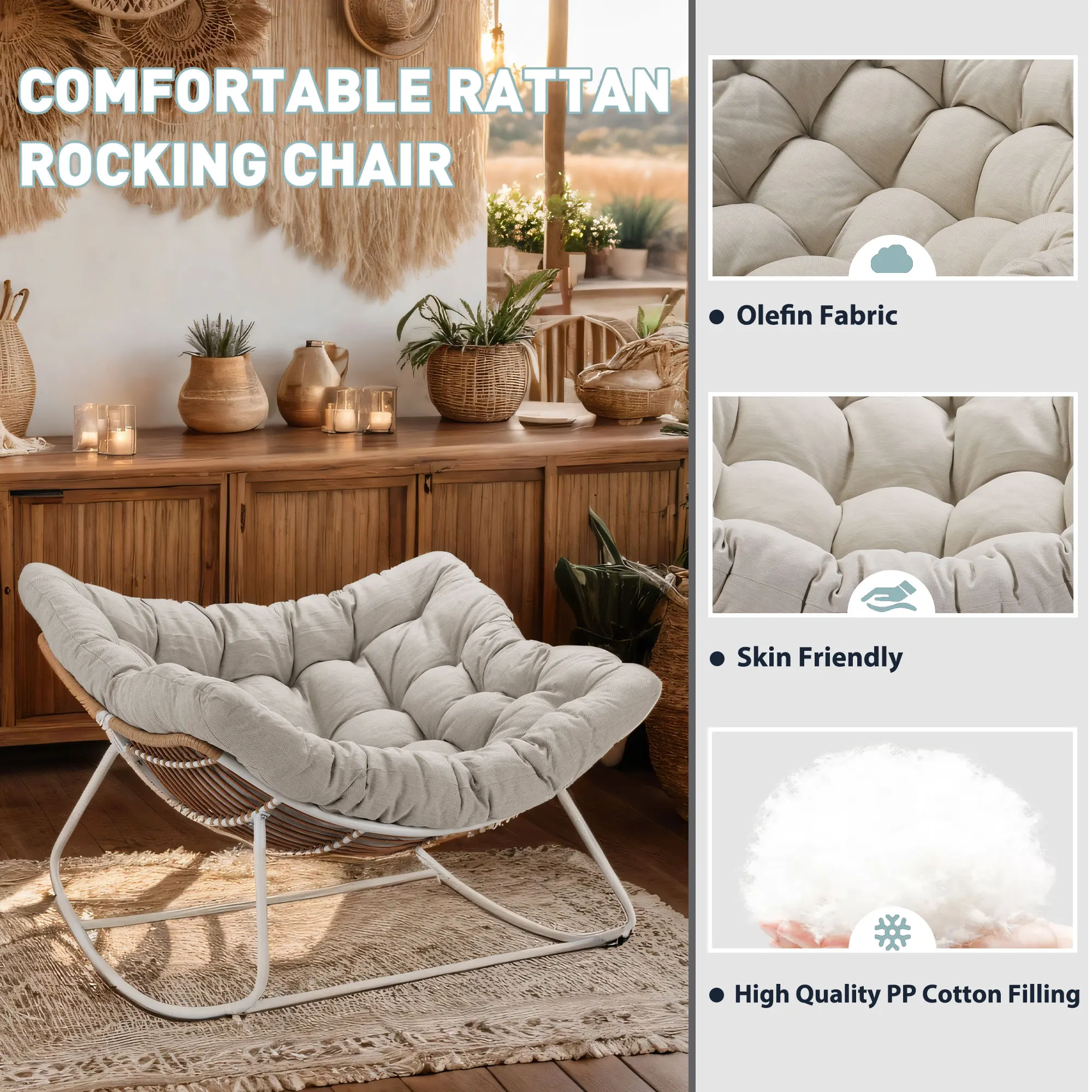 Outdoor Rocking Chair, Patio Wicker Egg Chair, Indoor Comfy Oversized Papasan Chair with Padded Cushion for Front Porch, Garden image 5