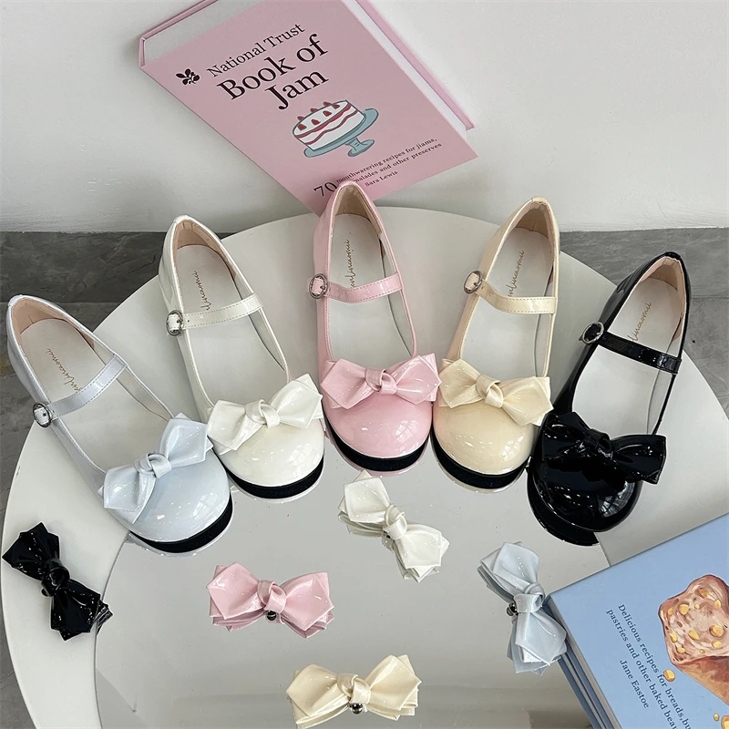 Kawaii รอบ Toe น่ารัก Loli รองเท้าโบว์แบน Tea Party นักเรียน Kawaii หวานหัวเข็มขัด Pu สาว Lolita รองเท้า