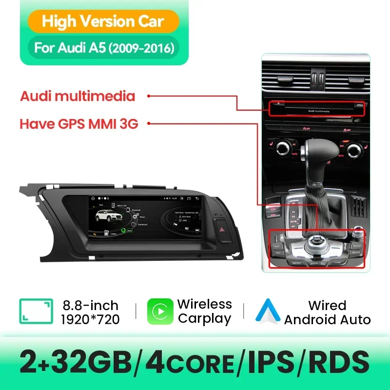 Android 14 AI Voice Draadloze Carplay Autoradio Speler Voor Audi A5 2009-2016 WIFI 4G SIM BT 8GB 128GB GPS Navi Touch Stereo IPS