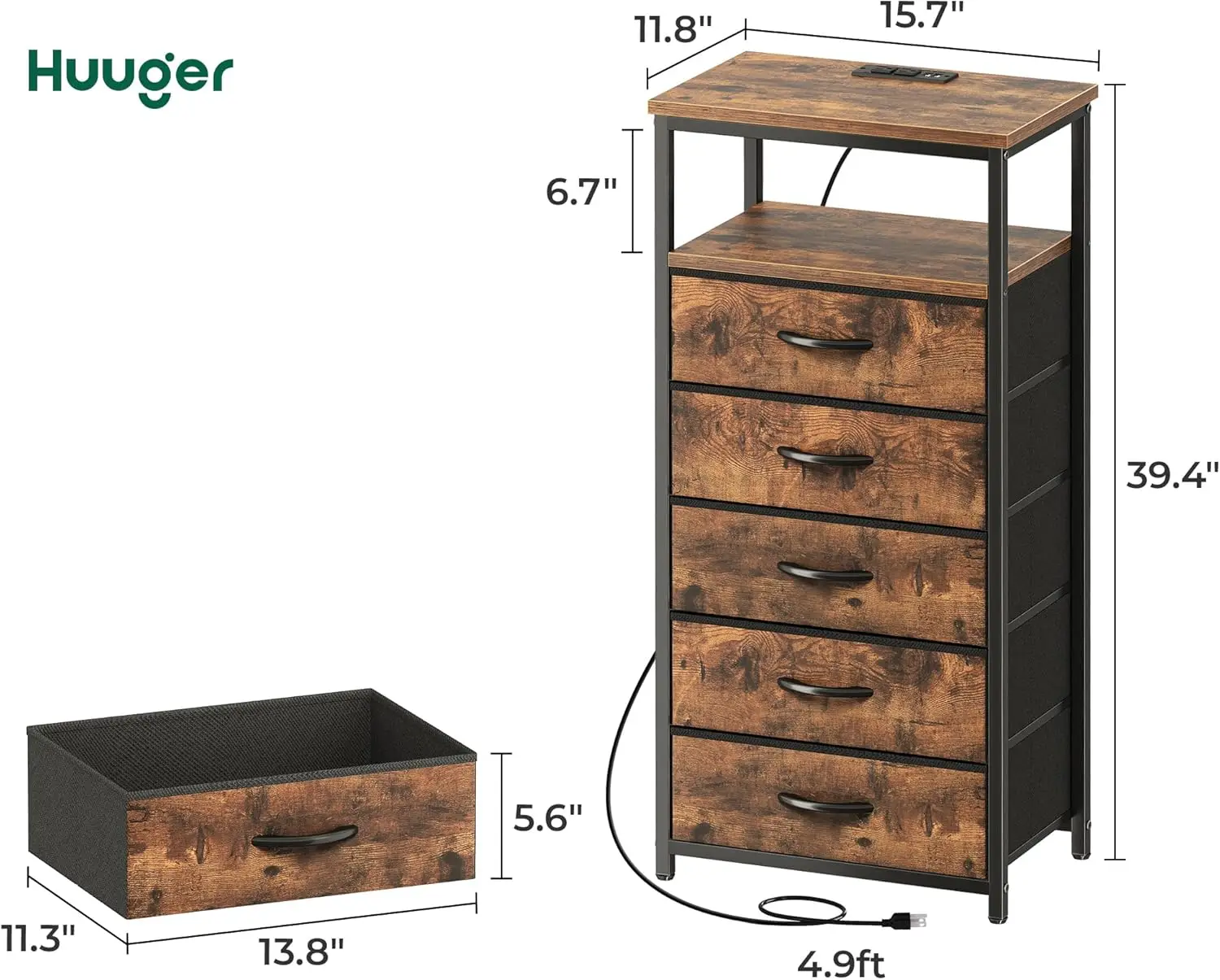 

Huuger 5 Drawers Dresser With Charging Station, Dresser For Bedroom, Tall Night Stand, Chest Of Drawers With Open Shelf,