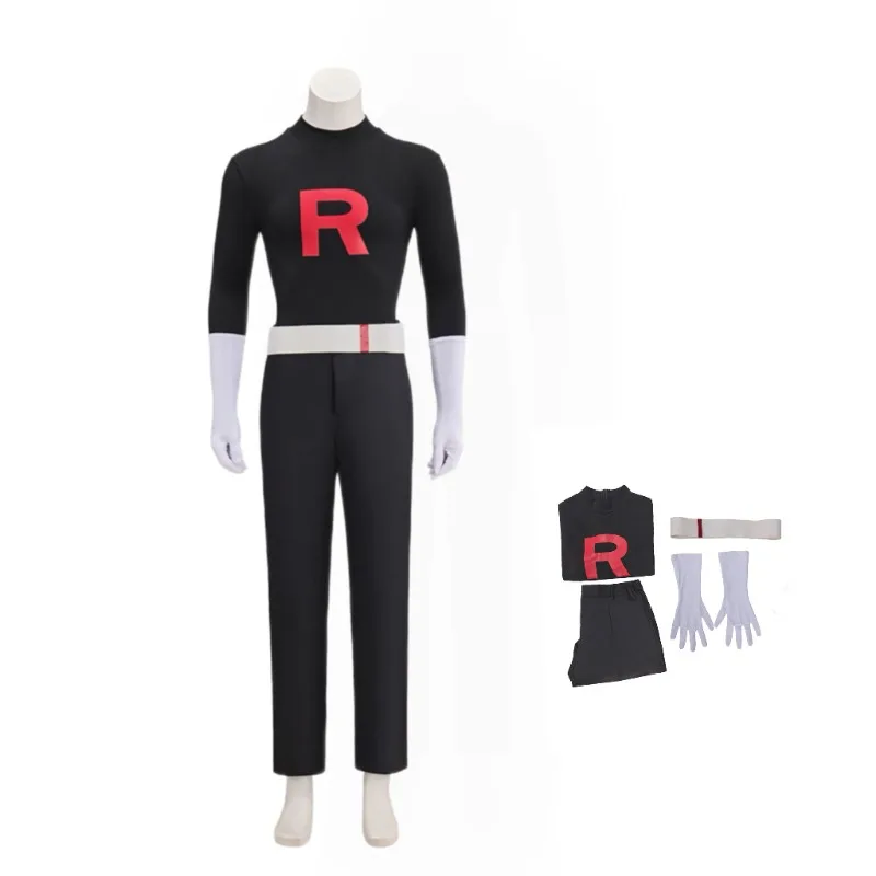 Disfraz de Cosplay de Team Rocket Grunt, conjunto completo, réplica de uniforme negro de anime para hombres y mujeres, Halloween, Carnaval, Convenión Cos