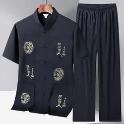 Men Short Sleeve Vintage Hanfu Clothing Chinese Stand Collar Tang Suit Casual Kong Fu Clothes Hand Button Cheongsam Outfit