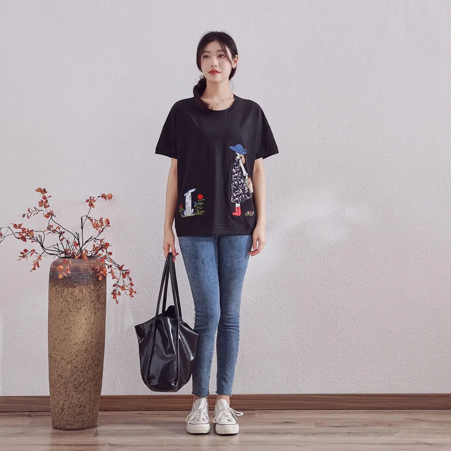 DIMANAF 2024 Summer New T-Shirt Women Fish Embroidery Printing Loose Casual Basic O-Neck Tops Black