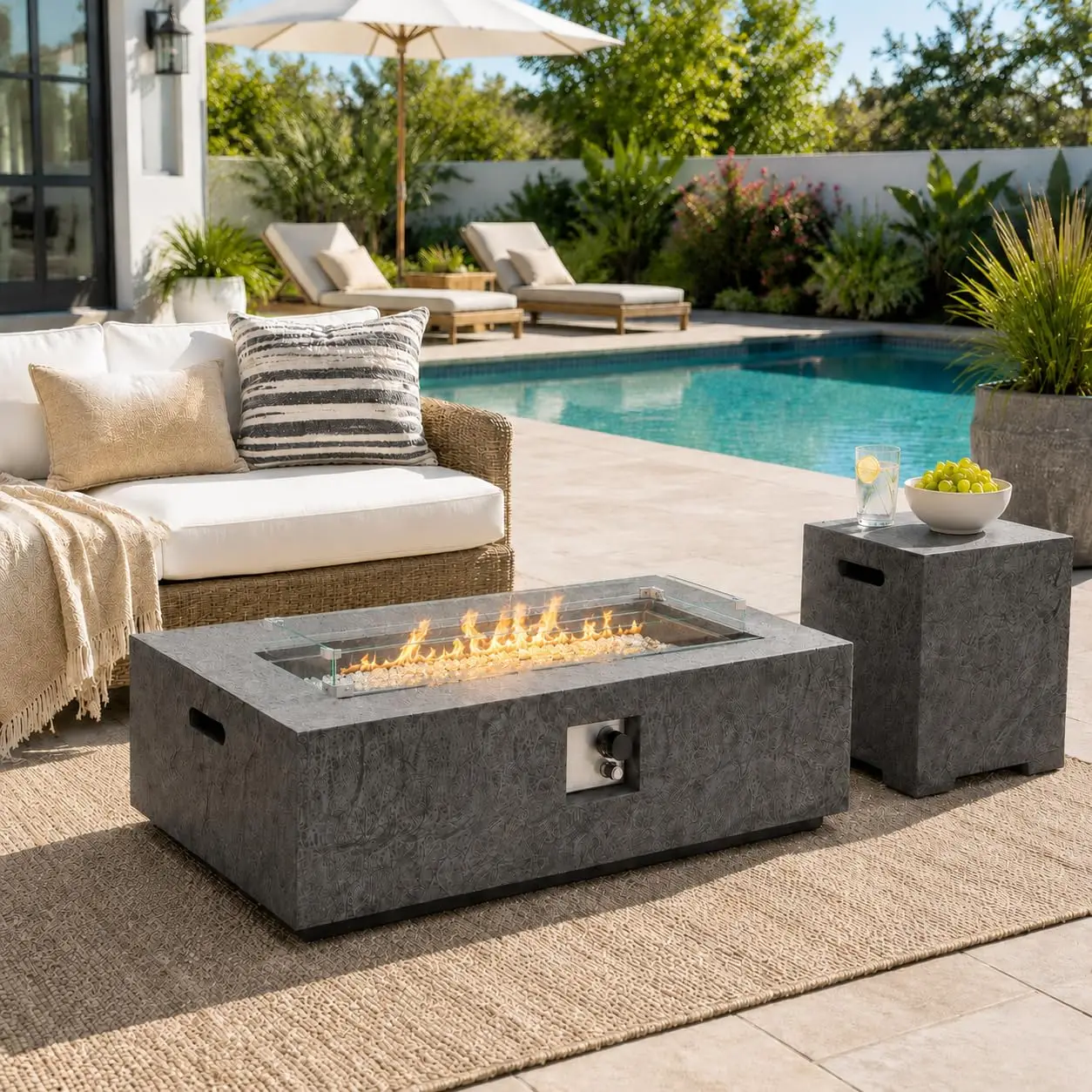 3-Piece Outdoor Propane Fire Pit Table Set – Premium Slate-Like MgO Finish, Gas Fire Table with Tank Table & Glass, Customized