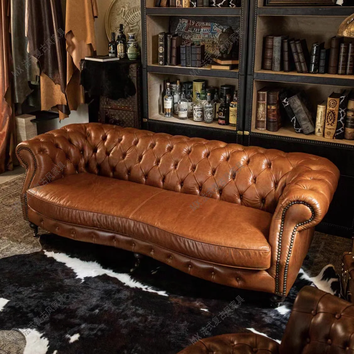 American retro style buckle sofa classic medieval designer living room straight sofa hotel cigar oil wax leather sofa