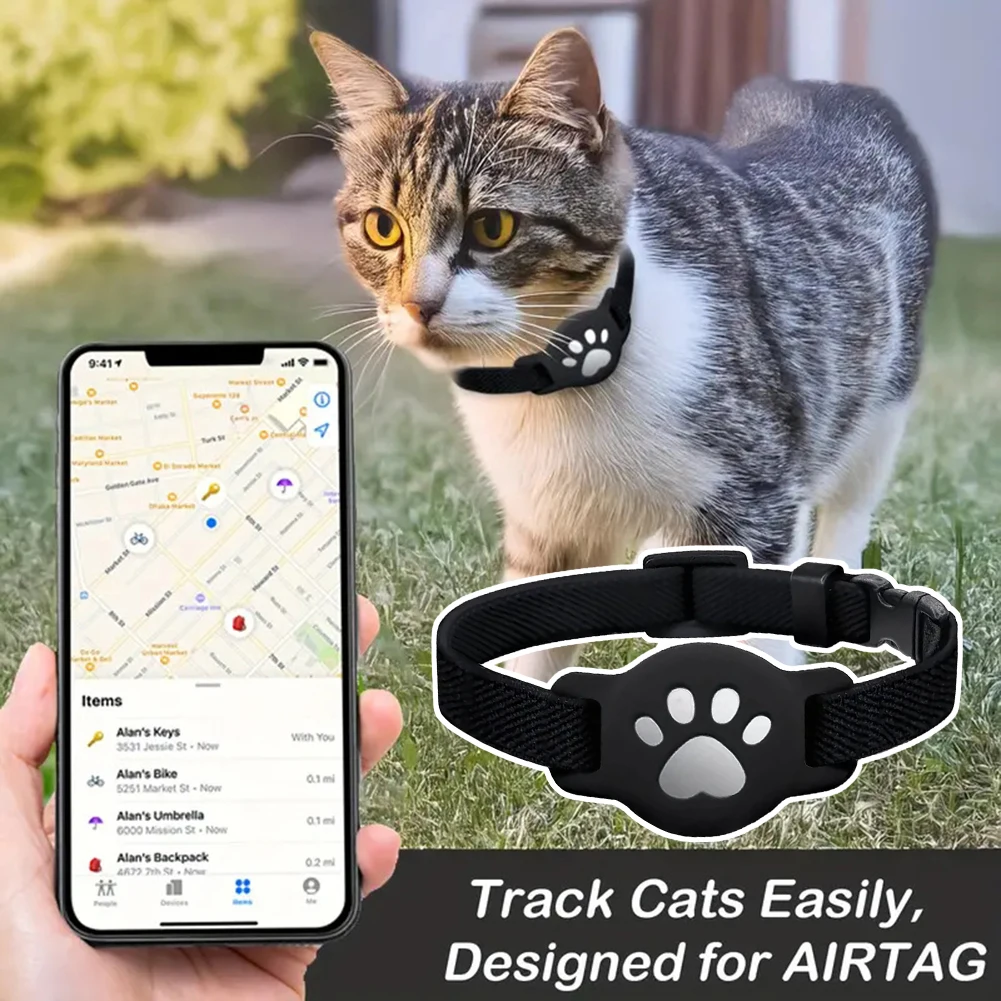 Cat Collar With Air-Tag-Compatible Holder 360° Reflective Strip Night Visibility Silicone Holder Scratch-Resistant For Outdoor