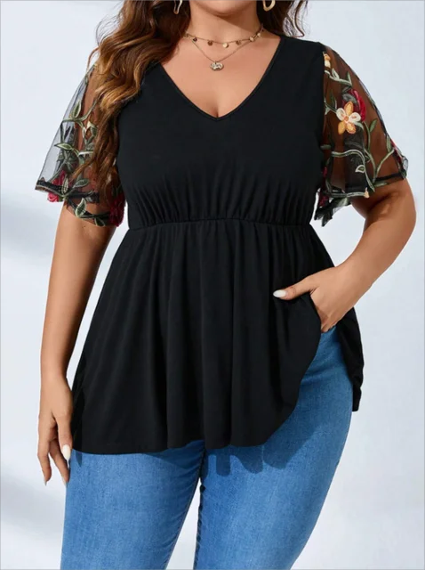 Plus Size Europa i Stany Zjednoczone Nowa damska koszulka z dekoltem w szpic z siateczki