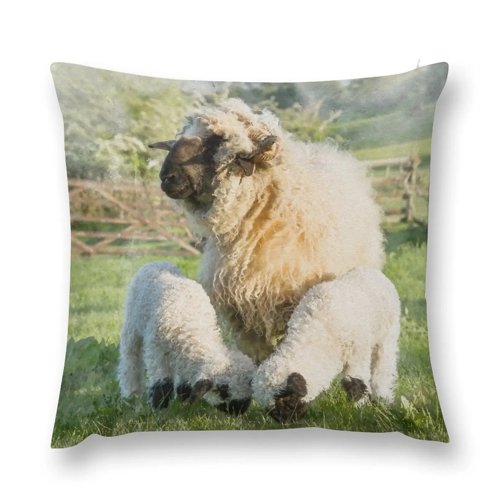 

Watercolour Photograph of Valais Blacknose Sheep and Her Twin Lambs Throw Pillow Couch Pillows pillow