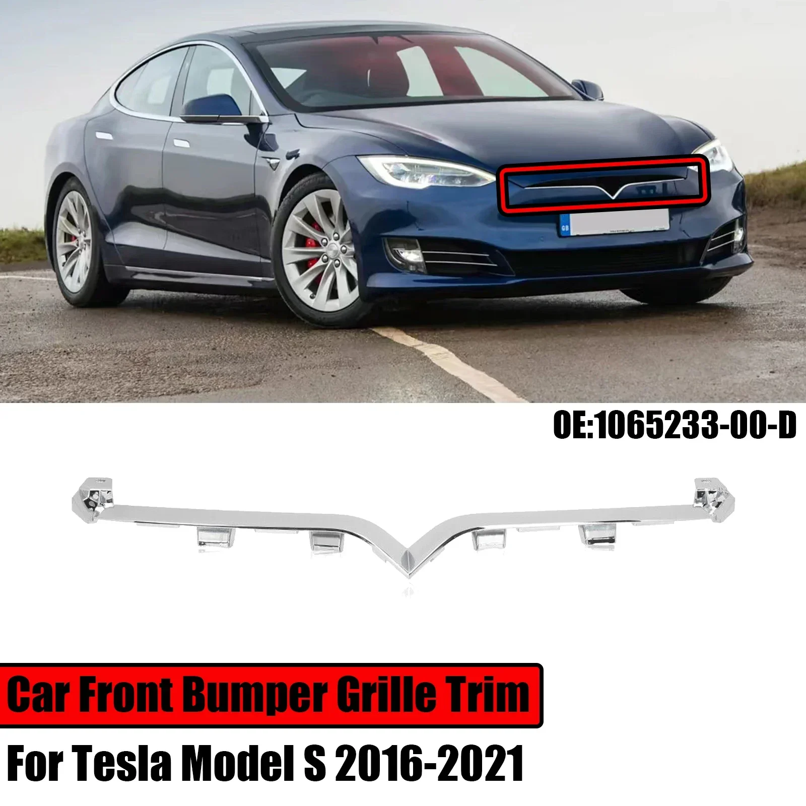 

For 2016-2021 Tesla Model S Front Bumper Upper Chrome Grille Trim 1065233-00-D Molding Grill