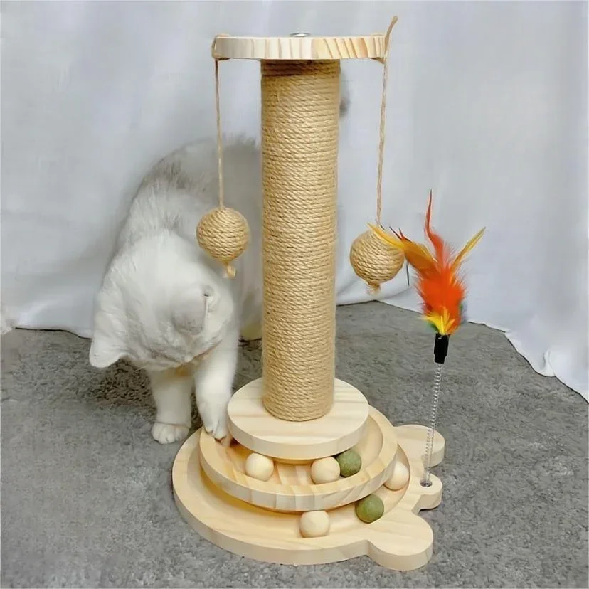 Juguete rascador para gato, plato giratorio divertido, bolas de palo, tabla de rascar de Sisal duradera, suministros para gato, columna de agarre