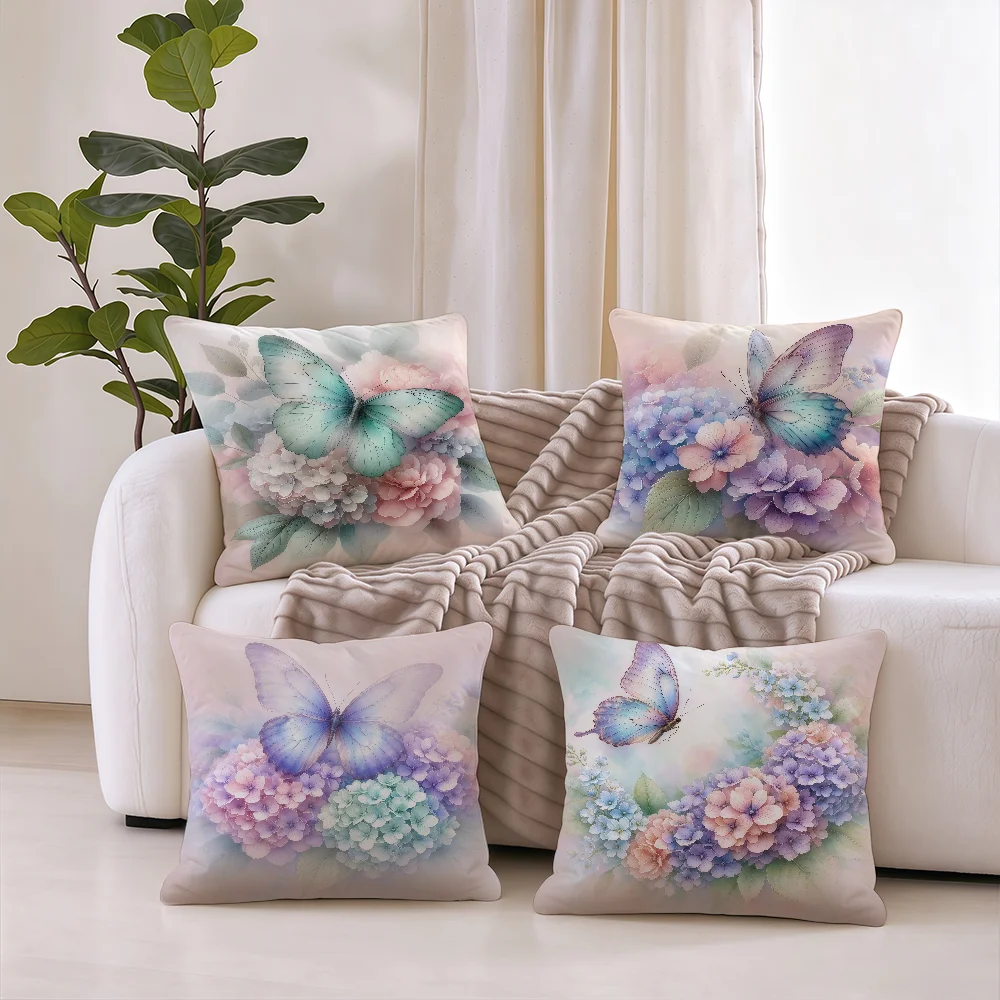 Butterfly Hydrangea cushion cover Square Office Bedroom Headboard Sofa Living Room Backrest Cushions Sleeping