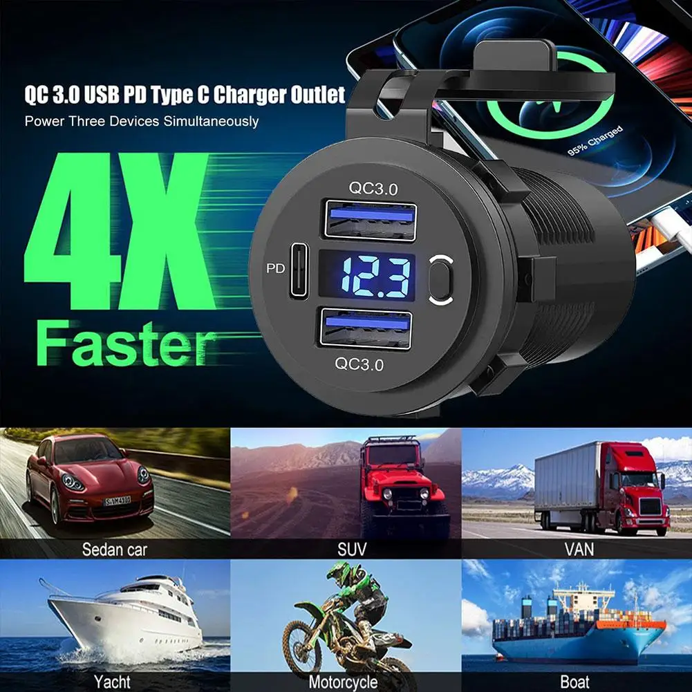 

60W PD Dual 3.0 USB Charger with Digital Voltmeter Waterproof Car 12V Truck Power Switch Socket Outlet Adapter Motorcycl M8D3