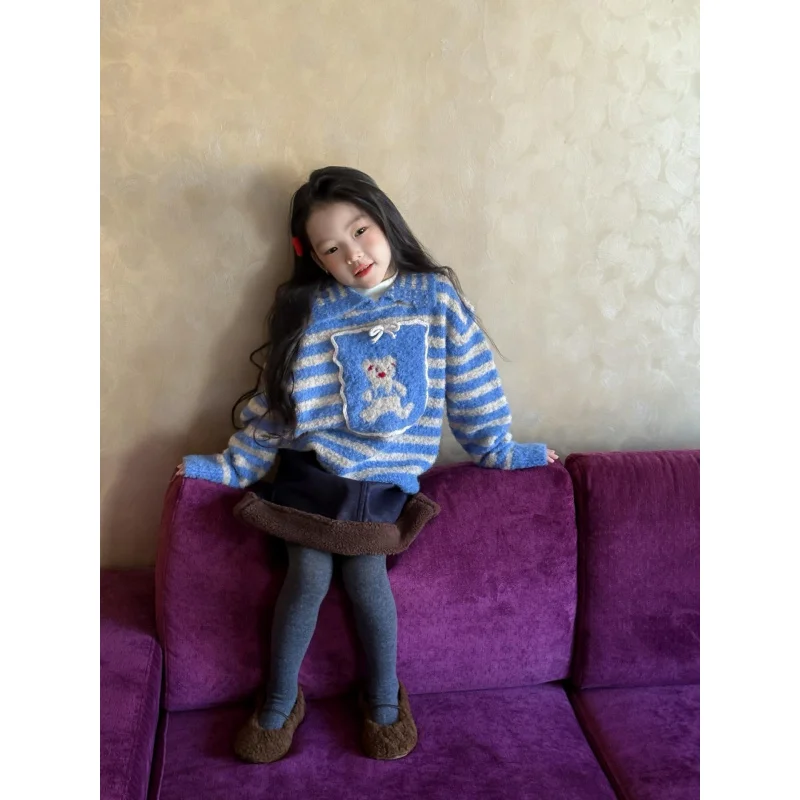 

Girls Winter Striped BearpoloGirls' Color Block Collar Sweater2025New Warm Soft Fuzzy Top