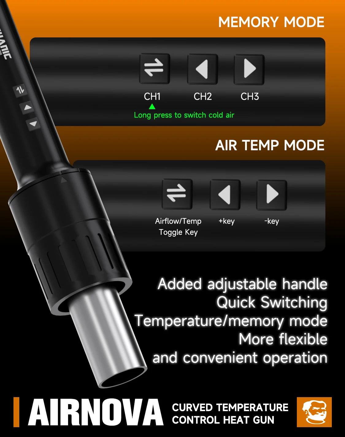 เครื่องมือซ่อมแซม MECHANIC AIRNOVA 1200W สถานีลมร้อนพร้อมระบบควบคุมอุณหภูมิแบบโค้ง สำหรับซ่อม BGA IC PCB ถอดบัดกรี ซ่อมโทรศัพท์มือถือ