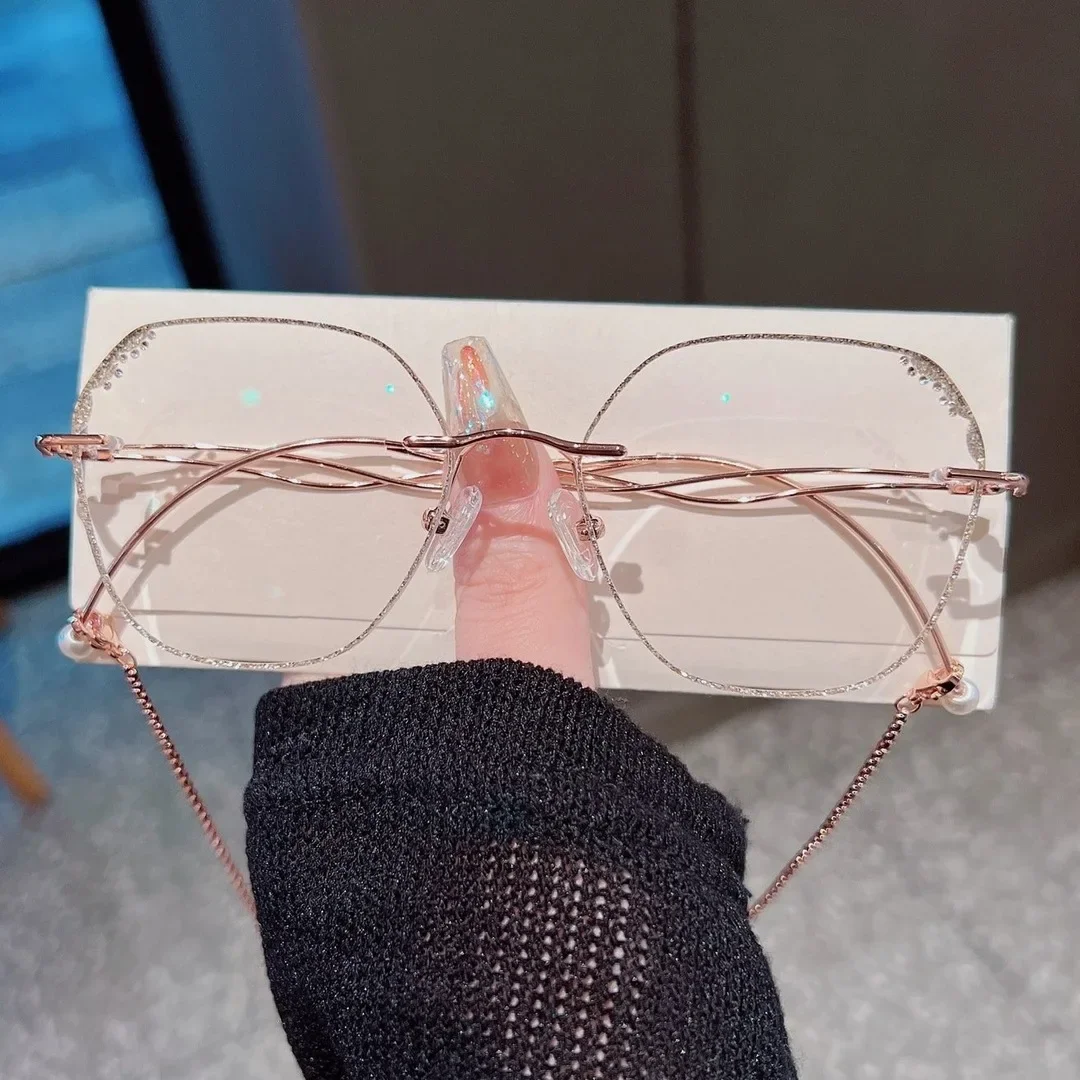 Progressive Double Chain Multilateral Women Glasses Frameless Diamond-Cut Glasses Customized Prescription Myopia Hyperopia