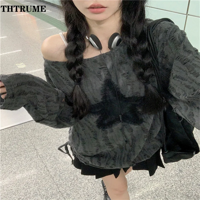 Y2K High Street Sweaters For Women Fashion Oversized Off Shoulder Streetwear Jumpers Casual Vintage Star Print Chic Pullovers