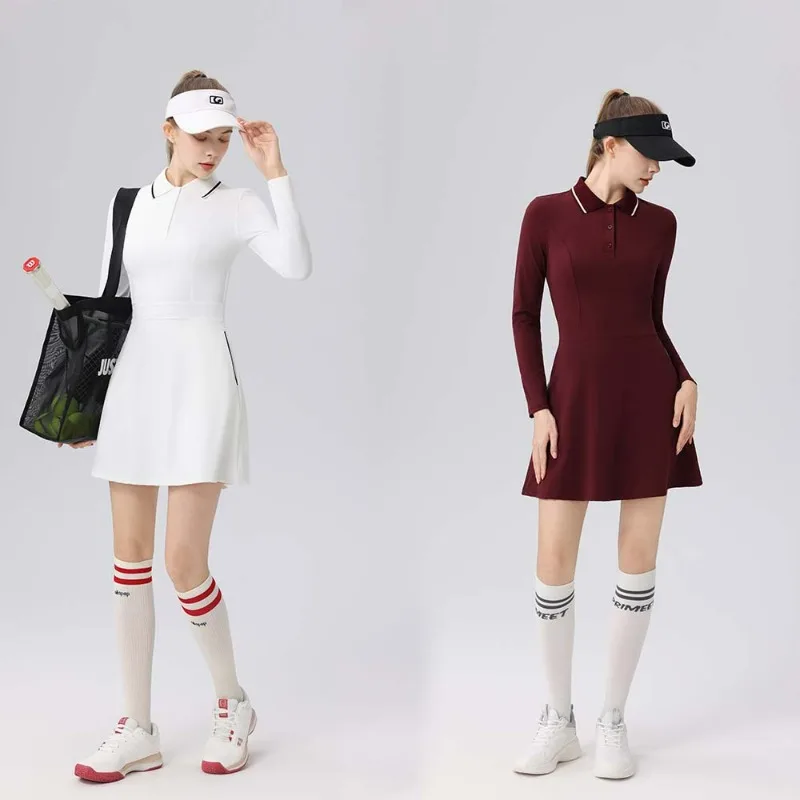 Tennis Suit Long-sleeved Dress Polo Collar Side Pockets Contrasting Colors Slim and Thin Versatile Golf Suit Women