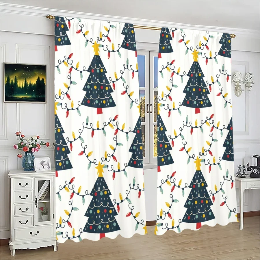 2 PCS - Christmas tree, Christmas snowflake pattern printed curtains, Christmas decorations, home decorations, room decorations
