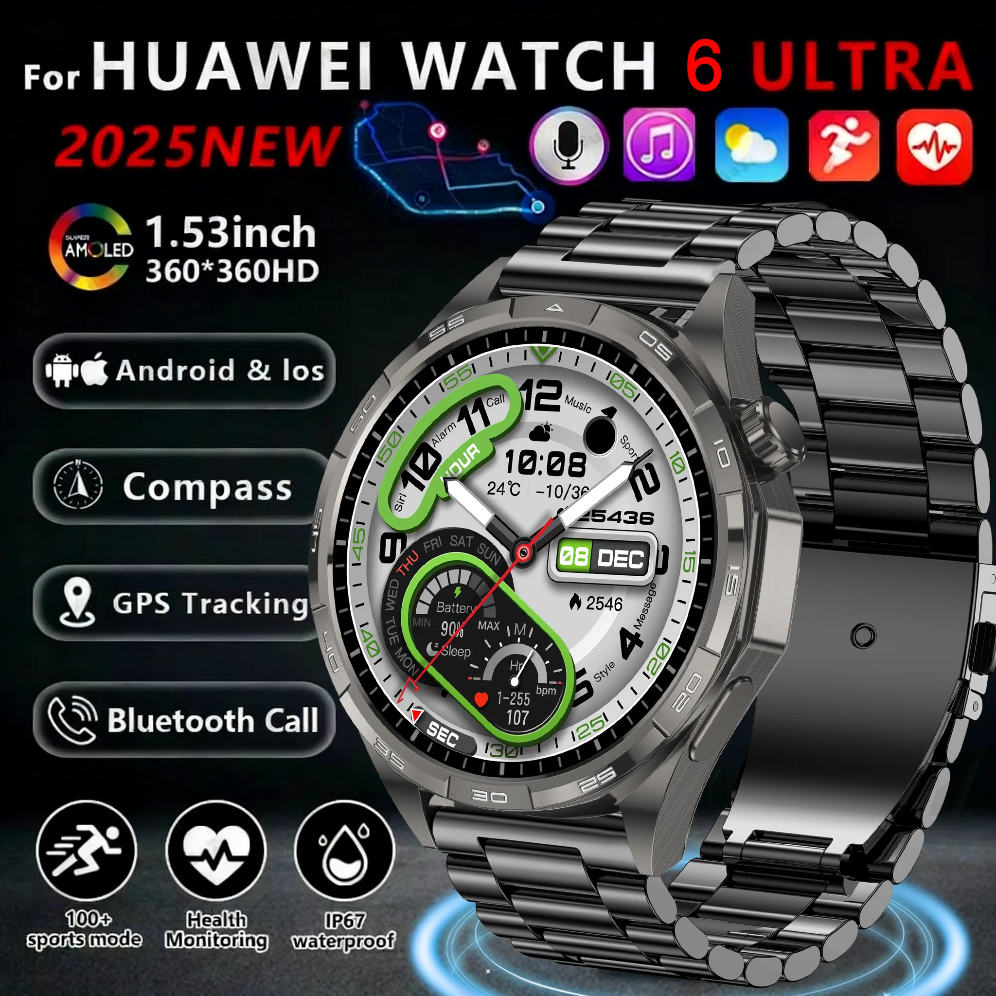 

GT 6Pro Series Sapphire AMOLED Screen GPS Smart Watch Classic Men IP68 Waterproof BT Call Fitness Smart Bracelet Global version