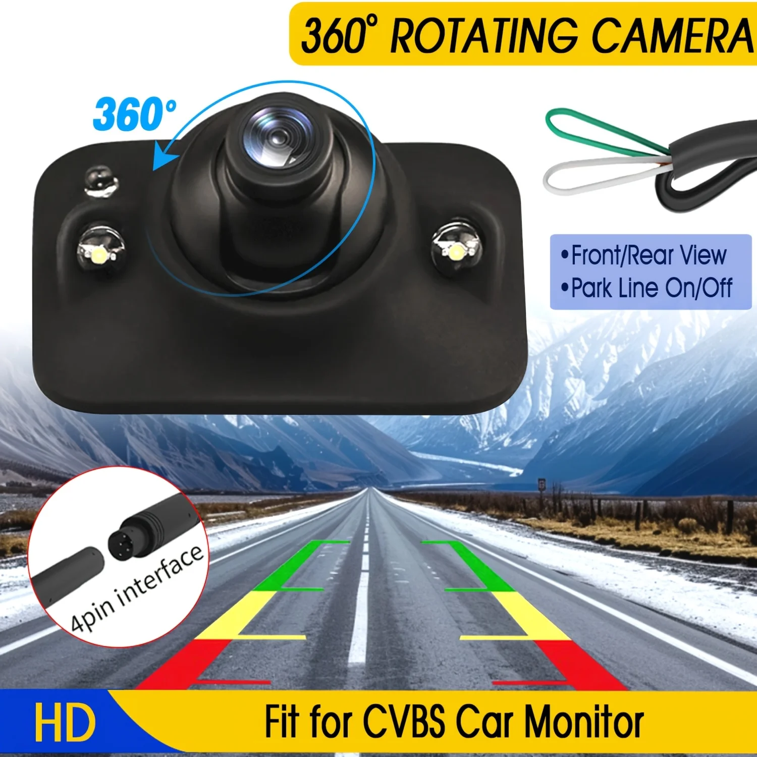 360 °   Cámara de respaldo HD giratoria con 2 LED y líneas de guía de estacionamiento, cámara de visión trasera de coche/cámara frontal/cámara de respaldo de marcha atrás lateral