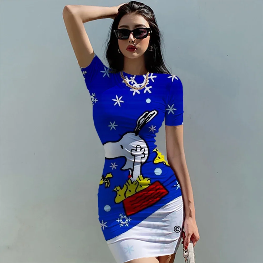 Vestido de noite estampado Snoopy feminino, Vestidos Bodycon para senhoras, Manga curta, Bodycon fino, Vestido lápis, Casual