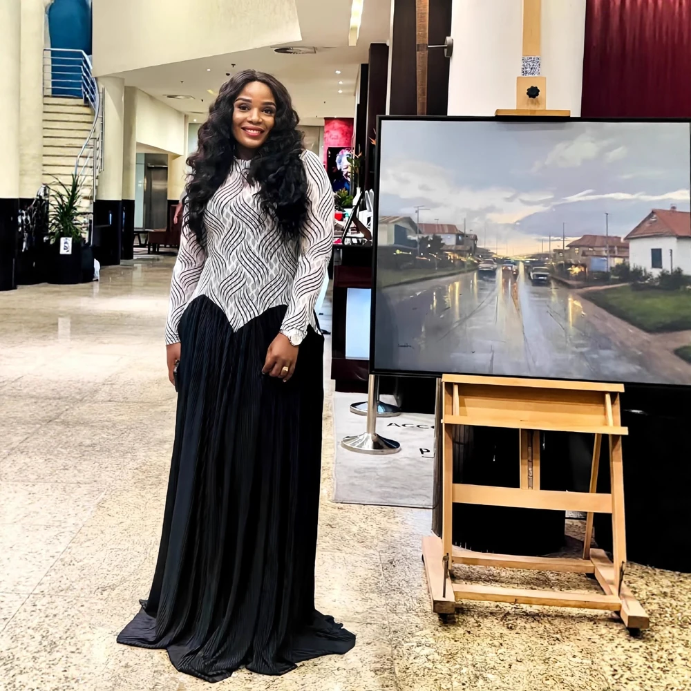 Two Color Patchwork Women Dress Fashion Sheer Mesh Top Long Sleeve Maxi Dress Parties Wear Elegant African Robe with Inner Dress