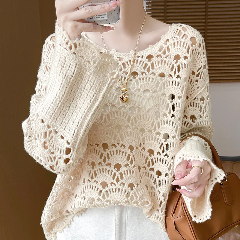 2024 New Hollow out Women Sweater 100% Merino Wool Pullover Personality Fashion Sexy Trend Long sleeves y2k Top Female