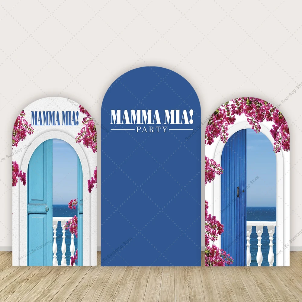 MAMMA MIA Bogen-Hintergrundbezug Meeresblau Tür Rosa Blumen Geburtstag Babyparty Dekoration Foto-Hintergrund