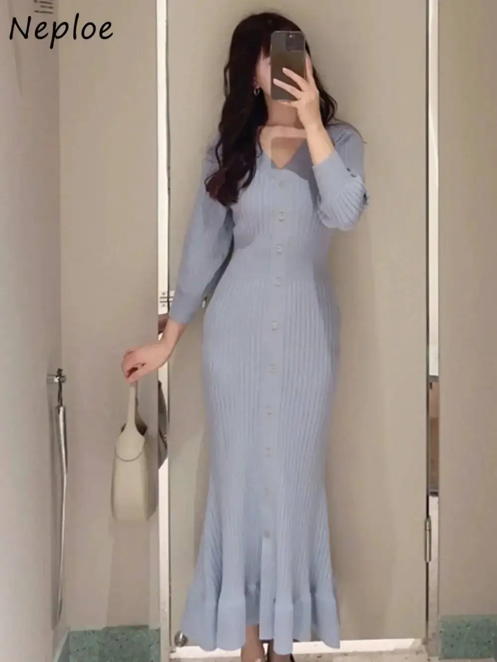 Elegant Temperament V Neck Knit Mujer Slim Waist Mermaid Mid-Length Bodycon Robe Japan Vintage Casual Dresses