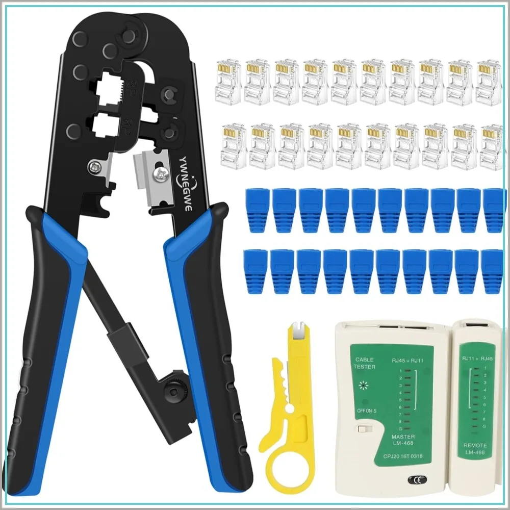 

RJ45 Crimping Tool Kit with 20 Connectors, Cable Tester & Stripper for Ethernet