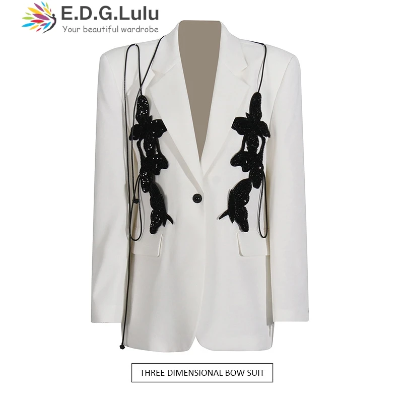 

EDGLuLu Korean Fashion Design Butterfly Splicing Blazer Womany One Button Office Wear White Blazers Jacket Outerwears 2024 1021